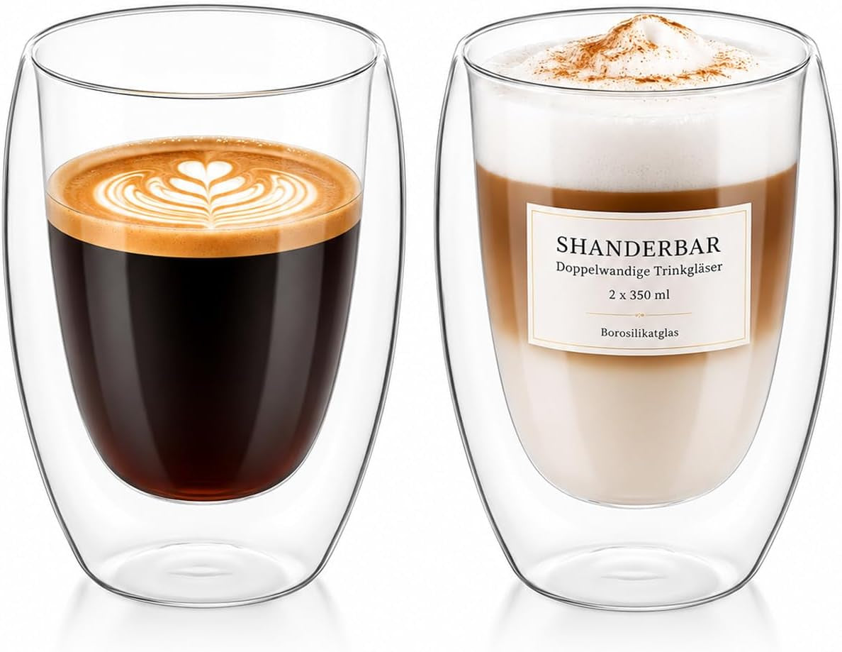 2Er Set 350 Ml Latte Macchiato Gläser Doppelwandig, Borosilikatglas | Doppelwandige Thermogläser & Kaffeegläser Für Espresso, Cappuccino, Tee, Milch, Bier, Saft, Heiße & Kalte Getränke