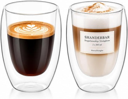 2Er Set 350 Ml Latte Macchiato Gläser Doppelwandig, Borosilikatglas | Doppelwandige Thermogläser & Kaffeegläser Für Espresso, Cappuccino, Tee, Milch, Bier, Saft, Heiße & Kalte Getränke