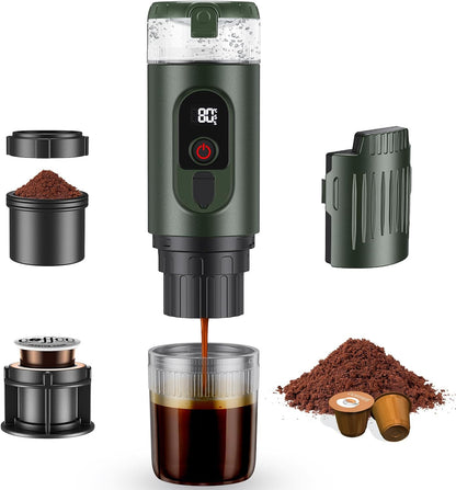 2-In-1Tragbare Kaffeemaschine Mit 7650 Mah Akku, 20 BAR Druck, Heiß-/Kalt-Extraktion, Für Kapseln & Gemahlenen Kaffee, Tragbar Für Büro, Reisen & Camping (Grün)