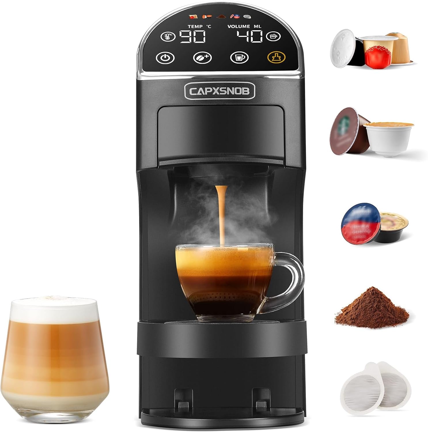Magician2 5 in 1 Kapselmaschine Für Nespresso, Dolce Gusto, Lavazza a Modo Mio, ESE 44 Pads Und Kaffeepulver, 20 Bars, 1400W, 1,2 L, Led-Display, Espressomaschine | Kaffeemaschine Für Zuhause Und Büro