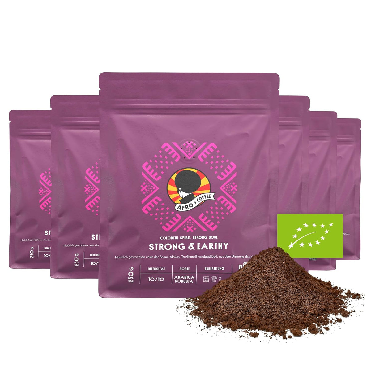 AFRO COFFEE Bio Kaffee Gemahlen 6x250g – Fairtrade, Arabica & Robusta, Dunkle Röstung