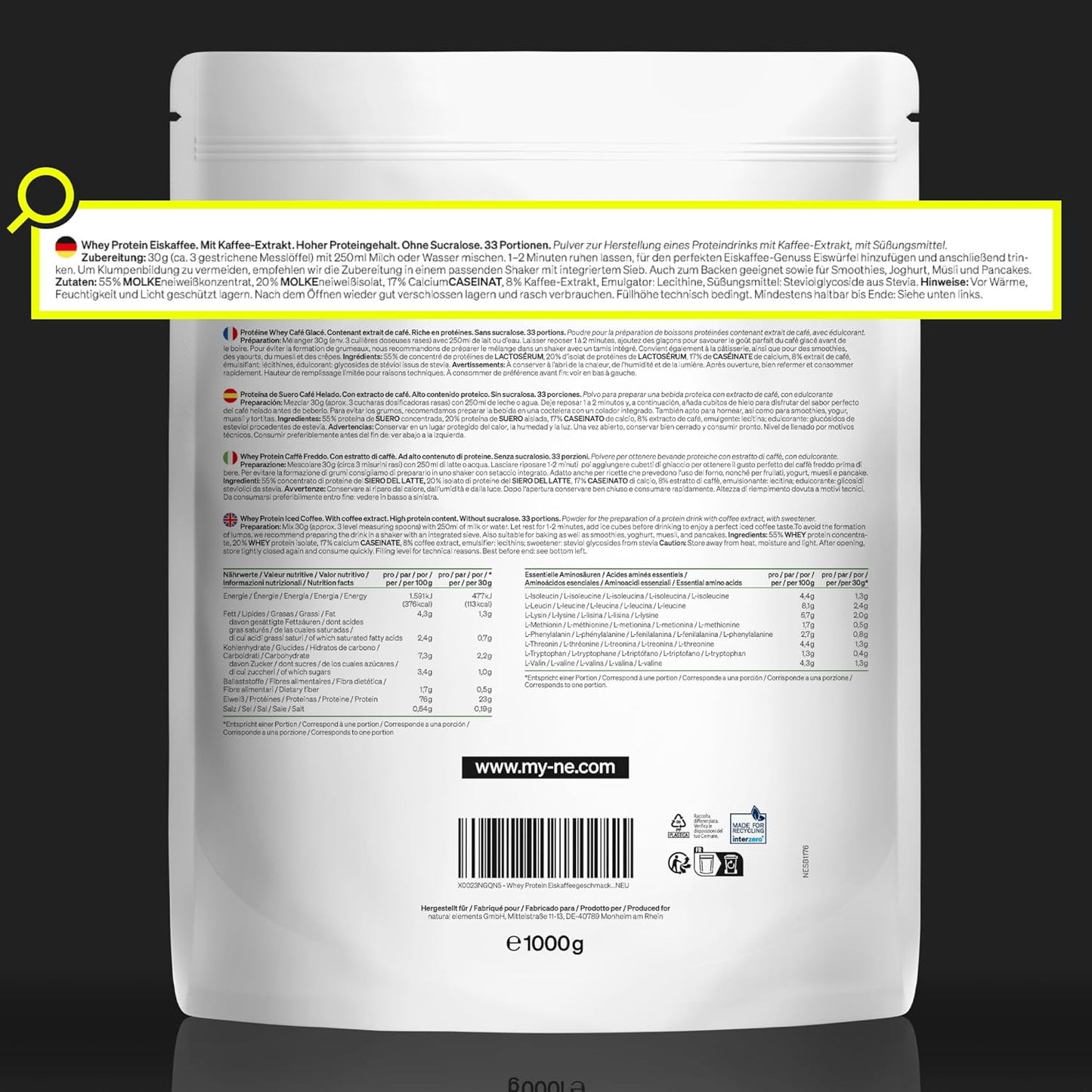Natural Elements Whey Protein Pulver – Eiskaffee – 1Kg – 23G Protein Und 2,5G Kaffee-Extrakt Pro Portion – Für Deinen Muskelaufbau, Hochdosiert – in Deutschland Produziert & Laborgeprüft