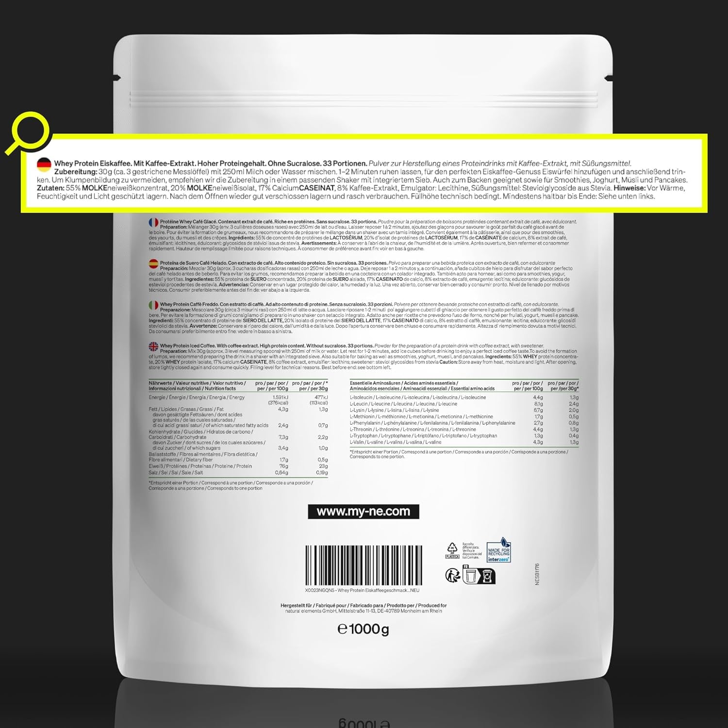 Natural Elements Whey Protein Pulver – Eiskaffee – 1Kg – 23G Protein Und 2,5G Kaffee-Extrakt Pro Portion – Für Deinen Muskelaufbau, Hochdosiert – in Deutschland Produziert & Laborgeprüft