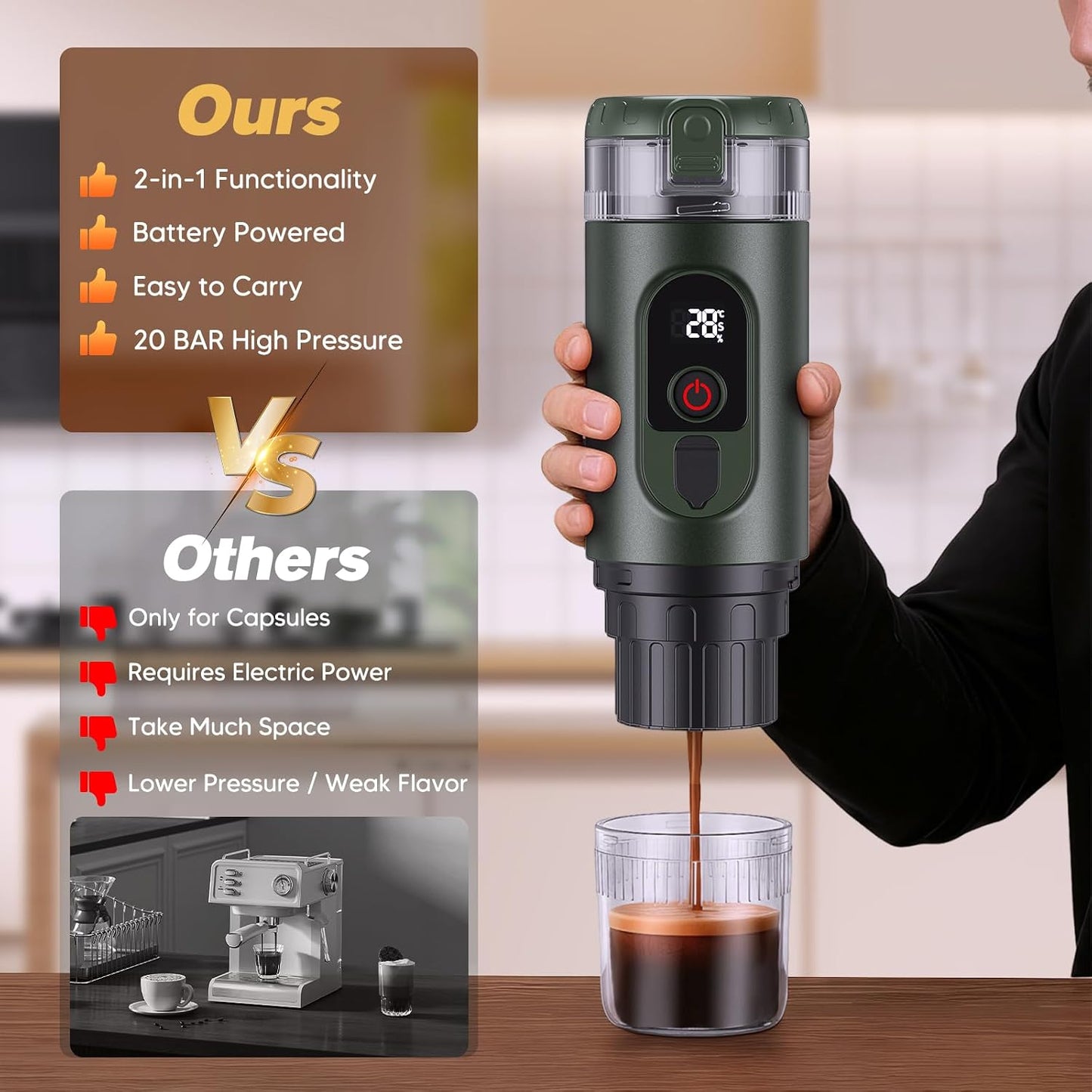 2-In-1Tragbare Kaffeemaschine Mit 7650 Mah Akku, 20 BAR Druck, Heiß-/Kalt-Extraktion, Für Kapseln & Gemahlenen Kaffee, Tragbar Für Büro, Reisen & Camping (Grün)