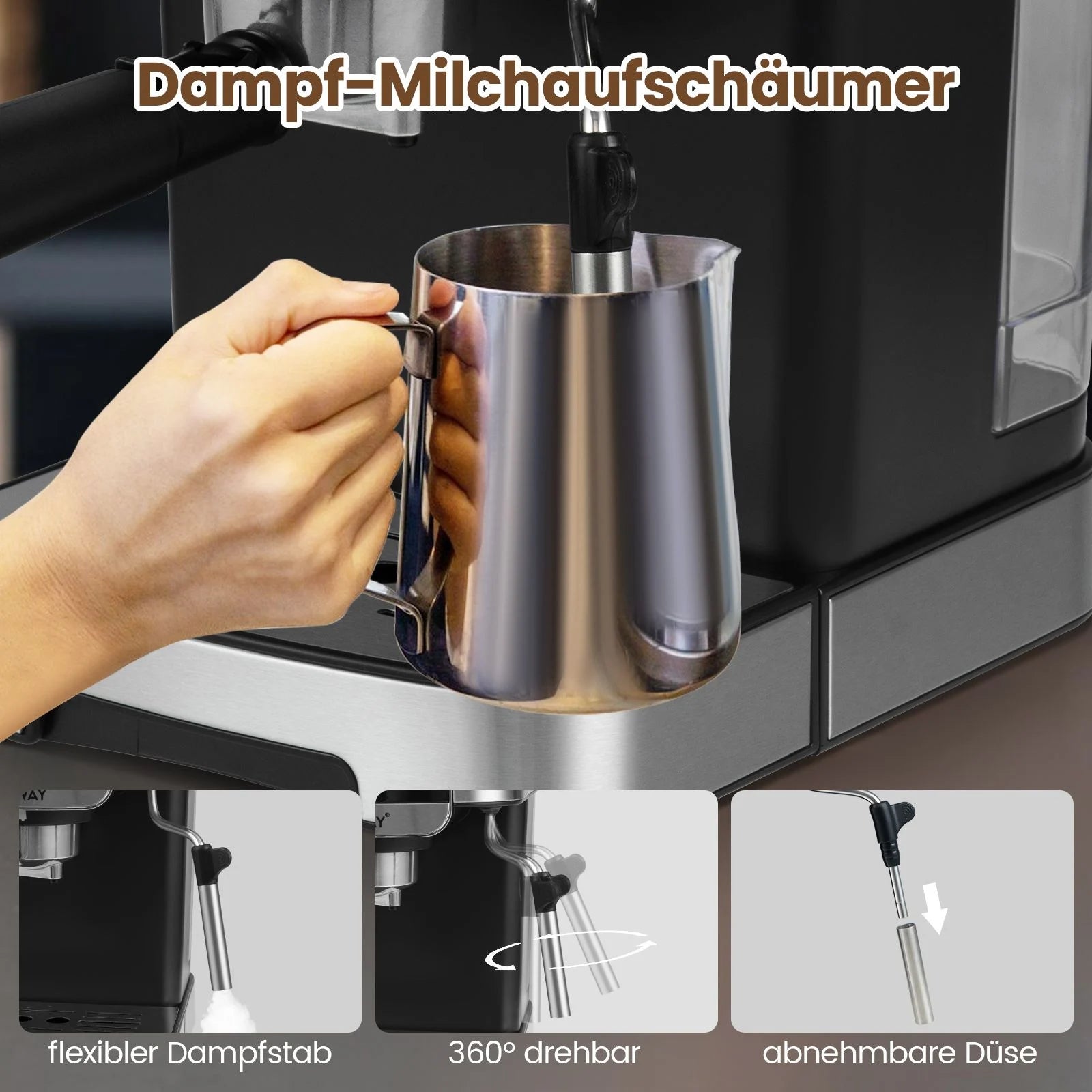 Espressomaschine 20 Bar 1200 W Espressokocher Mit Dampf-Milchaufschäumer 18 L Abnehmbarer Wassertank Schwarz