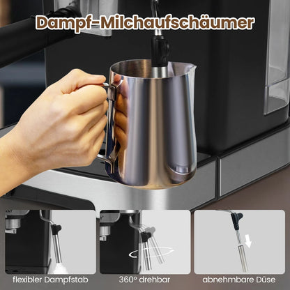Espressomaschine 20 Bar 1200 W Espressokocher Mit Dampf-Milchaufschäumer 18 L Abnehmbarer Wassertank Schwarz