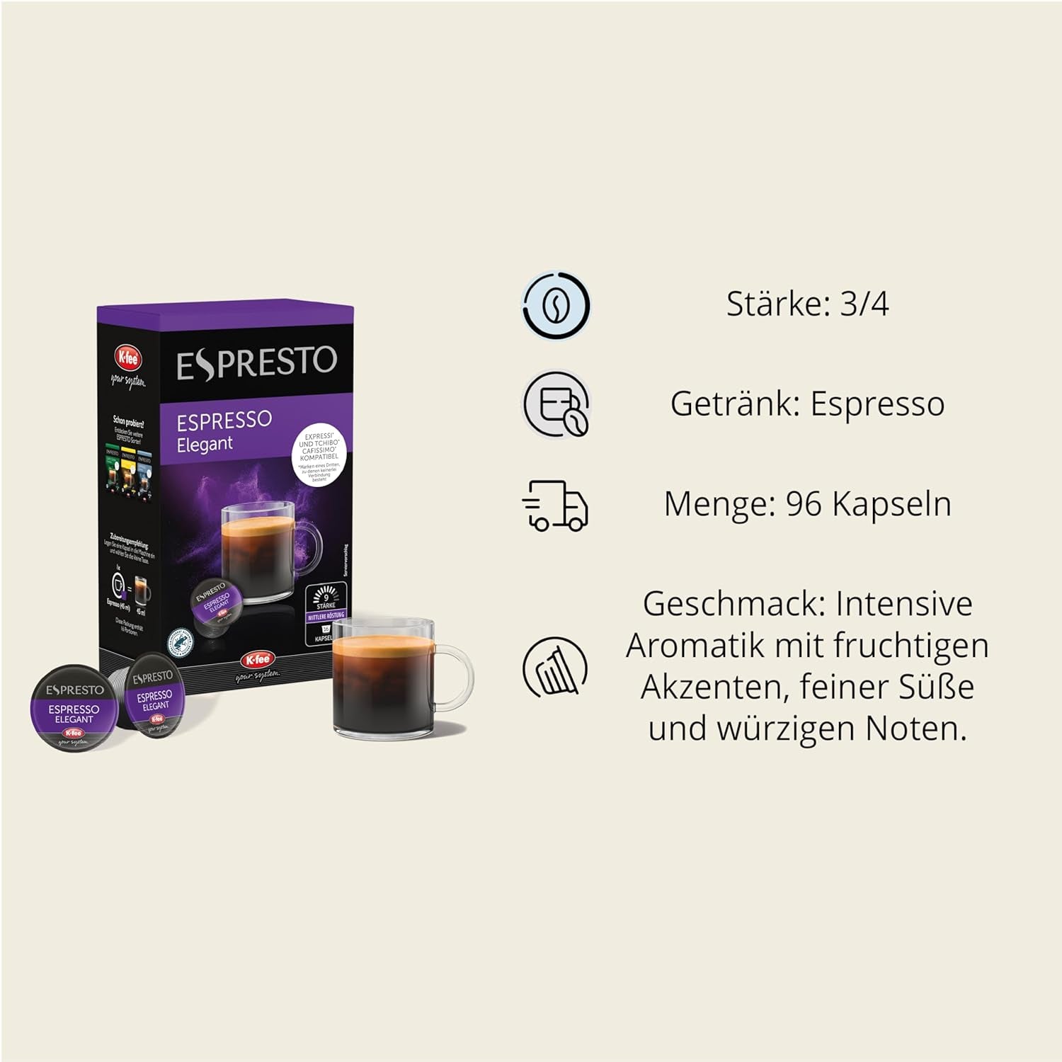 ESPRESTO Espresso Elegant, Kompatibel Mit K-Fee & Aldi EXPRESSI*, RFA Zertifiziert, 96 Kaffeekapseln
