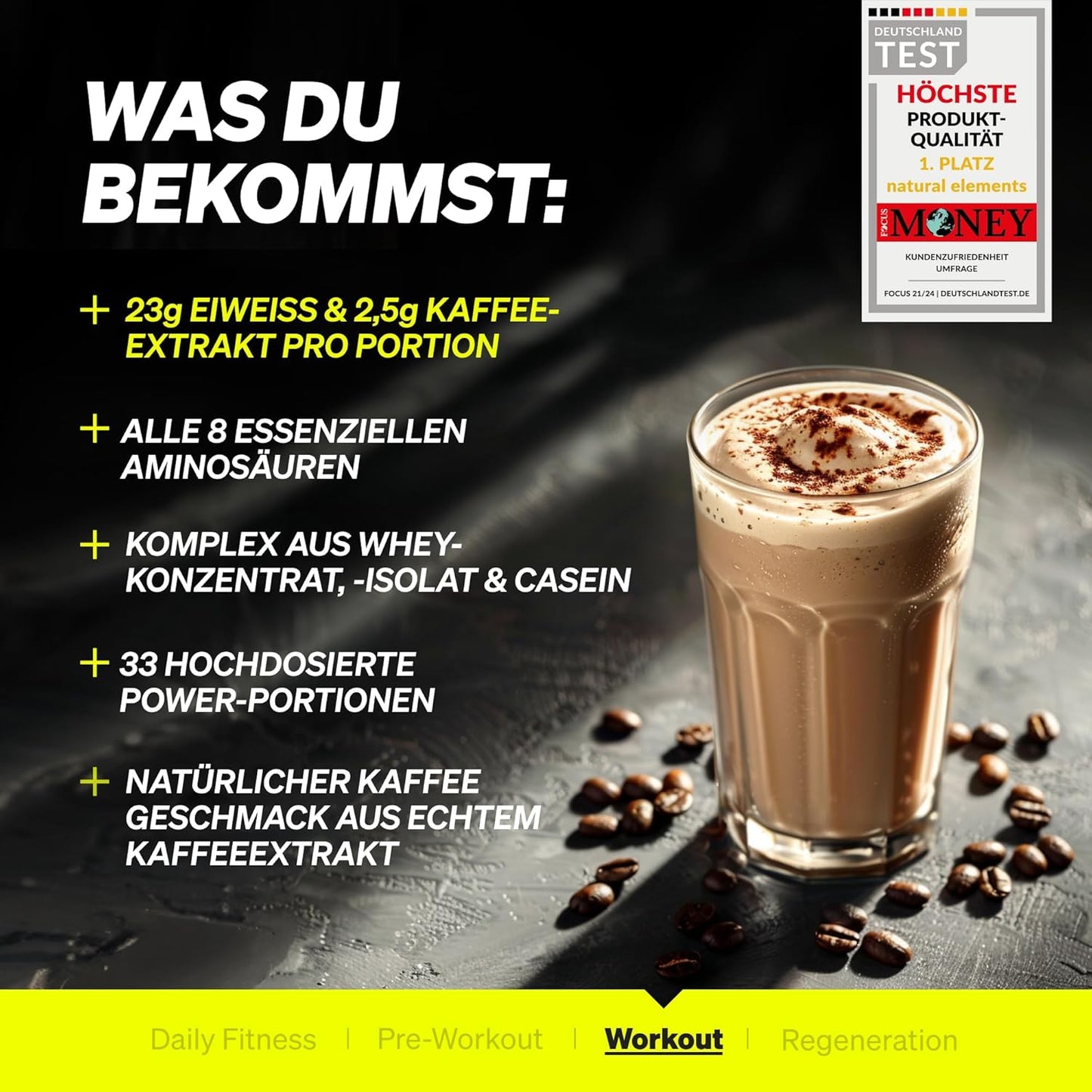 Natural Elements Whey Protein Pulver – Eiskaffee – 1Kg – 23G Protein Und 2,5G Kaffee-Extrakt Pro Portion – Für Deinen Muskelaufbau, Hochdosiert – in Deutschland Produziert & Laborgeprüft