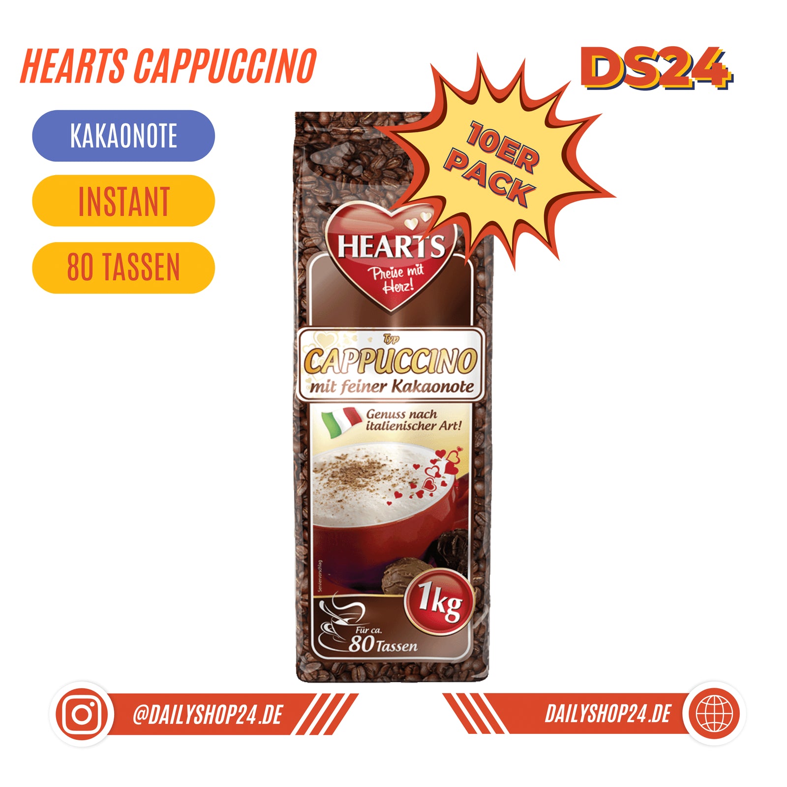 HEARTS Cappuccino Mit Feiner Kakaonote 10 X 1Kg Instant Kaffee Pulver Mit Schoko