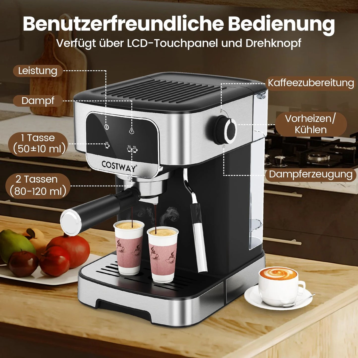 Espressomaschine 20 Bar 1200 W Espressokocher Mit Dampf-Milchaufschäumer 18 L Abnehmbarer Wassertank Schwarz