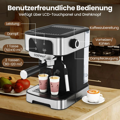 Espressomaschine 20 Bar 1200 W Espressokocher Mit Dampf-Milchaufschäumer 18 L Abnehmbarer Wassertank Schwarz