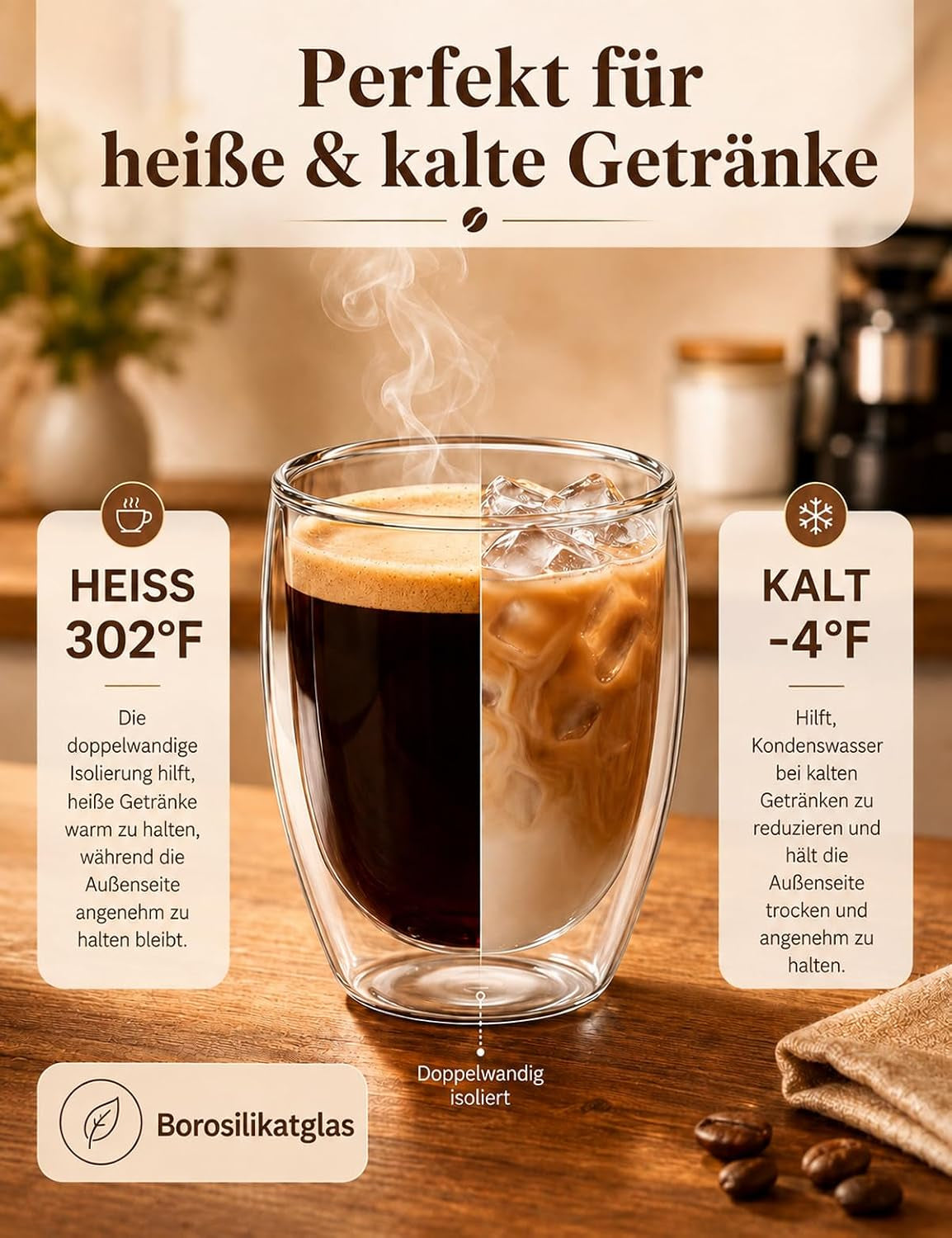 2Er Set 350 Ml Latte Macchiato Gläser Doppelwandig, Borosilikatglas | Doppelwandige Thermogläser & Kaffeegläser Für Espresso, Cappuccino, Tee, Milch, Bier, Saft, Heiße & Kalte Getränke
