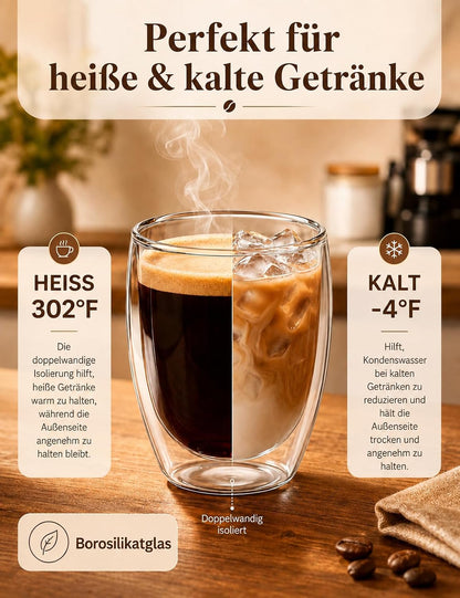 2Er Set 350 Ml Latte Macchiato Gläser Doppelwandig, Borosilikatglas | Doppelwandige Thermogläser & Kaffeegläser Für Espresso, Cappuccino, Tee, Milch, Bier, Saft, Heiße & Kalte Getränke
