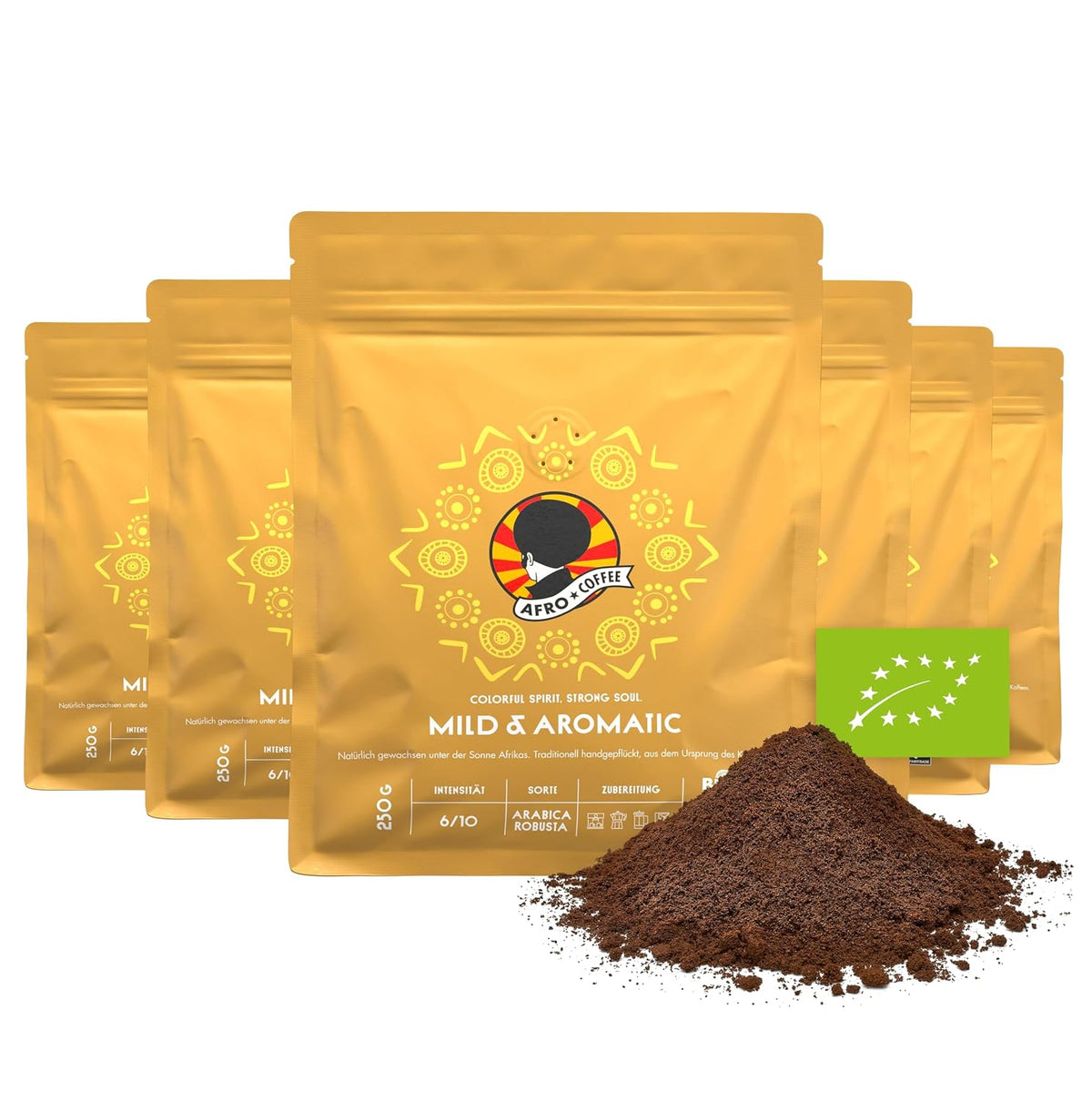 AFRO COFFEE Bio Kaffee Gemahlen 6x250g – Fairtrade, Arabica & Robusta, Dunkle Röstung