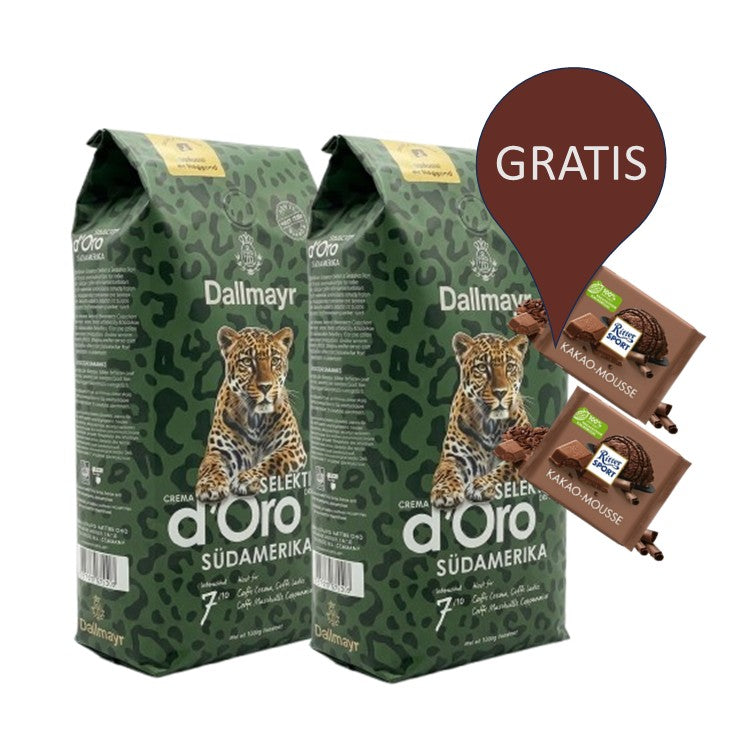 2x Dallmayr Crema d’Oro Südamerika 1 kg Ganze Bohnen Kaffee + Schokoladen als Geschenk