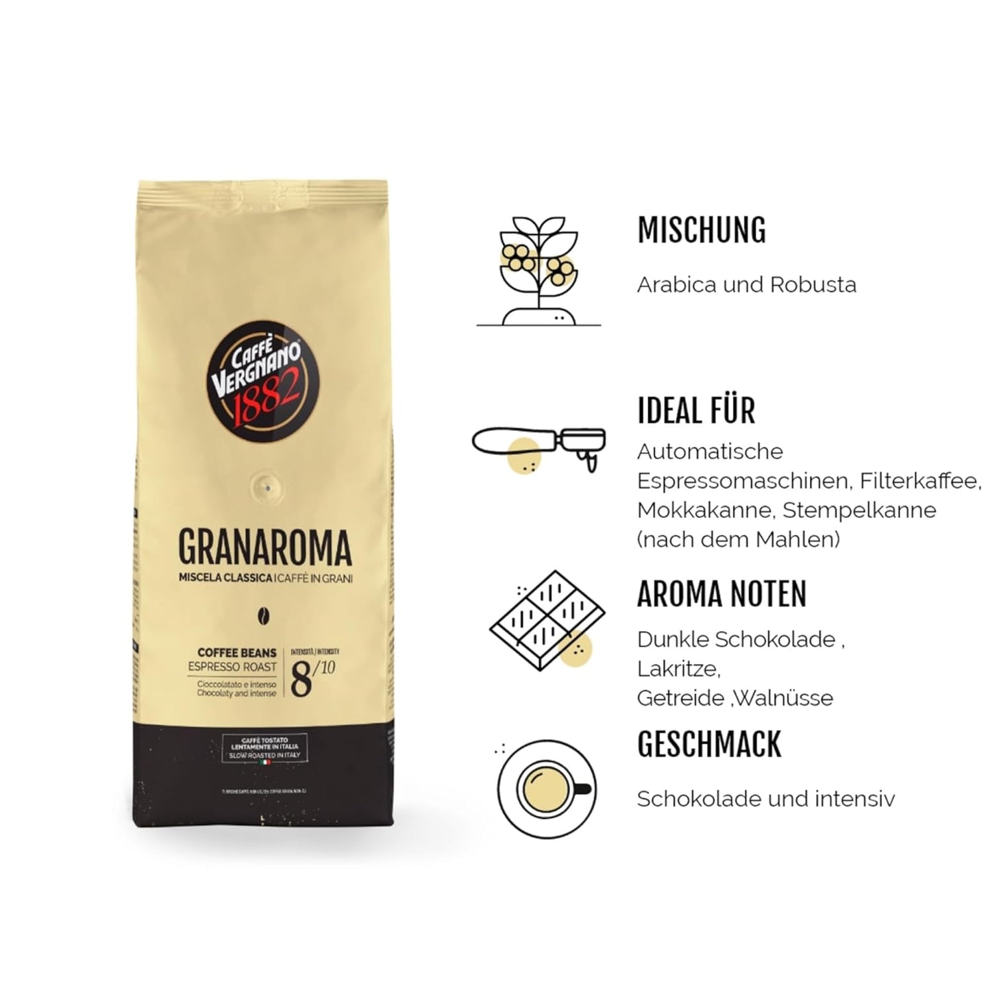 Caffè Vergnano 1882 Kaffeebohnen Granaroma - 1 Kg (1Er Pack)