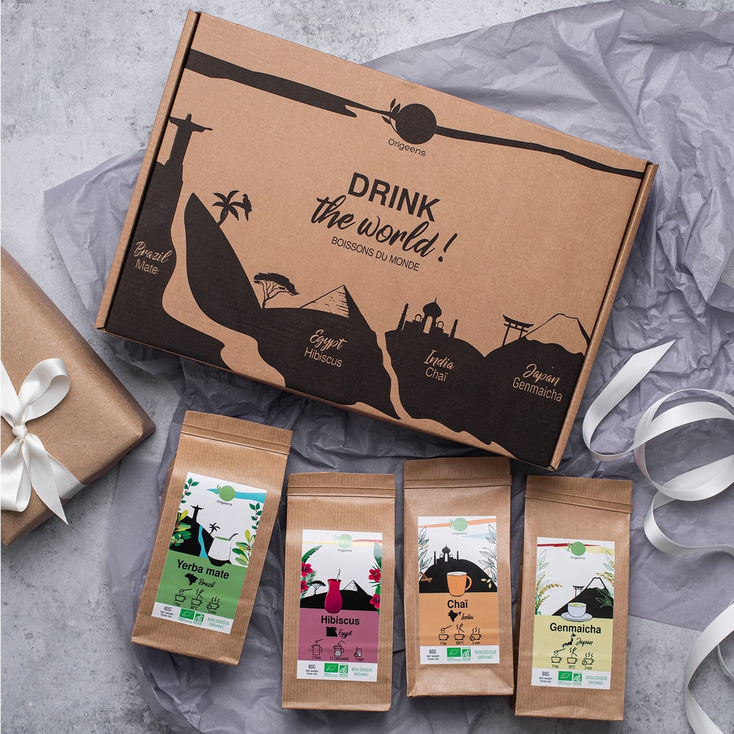 ORIGEENS BIO TEE GESCHENKSET „GETRÄNKE AUS ALLER WELT“ - Hibiskustee, Mate, Chai Tee, Genmaicha Grüntee - Tee Set 4X80G