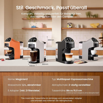 Magician2 5 in 1 Kapselmaschine Für Nespresso, Dolce Gusto, Lavazza a Modo Mio, ESE 44 Pads Und Kaffeepulver, 20 Bars, 1400W, 1,2 L, Led-Display, Espressomaschine | Kaffeemaschine Für Zuhause Und Büro