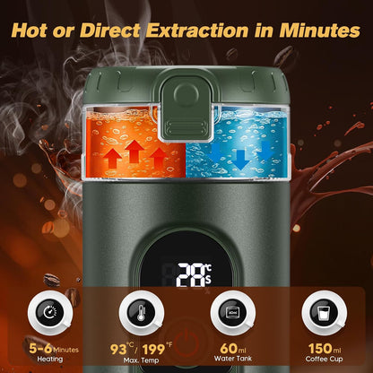 2-In-1Tragbare Kaffeemaschine Mit 7650 Mah Akku, 20 BAR Druck, Heiß-/Kalt-Extraktion, Für Kapseln & Gemahlenen Kaffee, Tragbar Für Büro, Reisen & Camping (Grün)