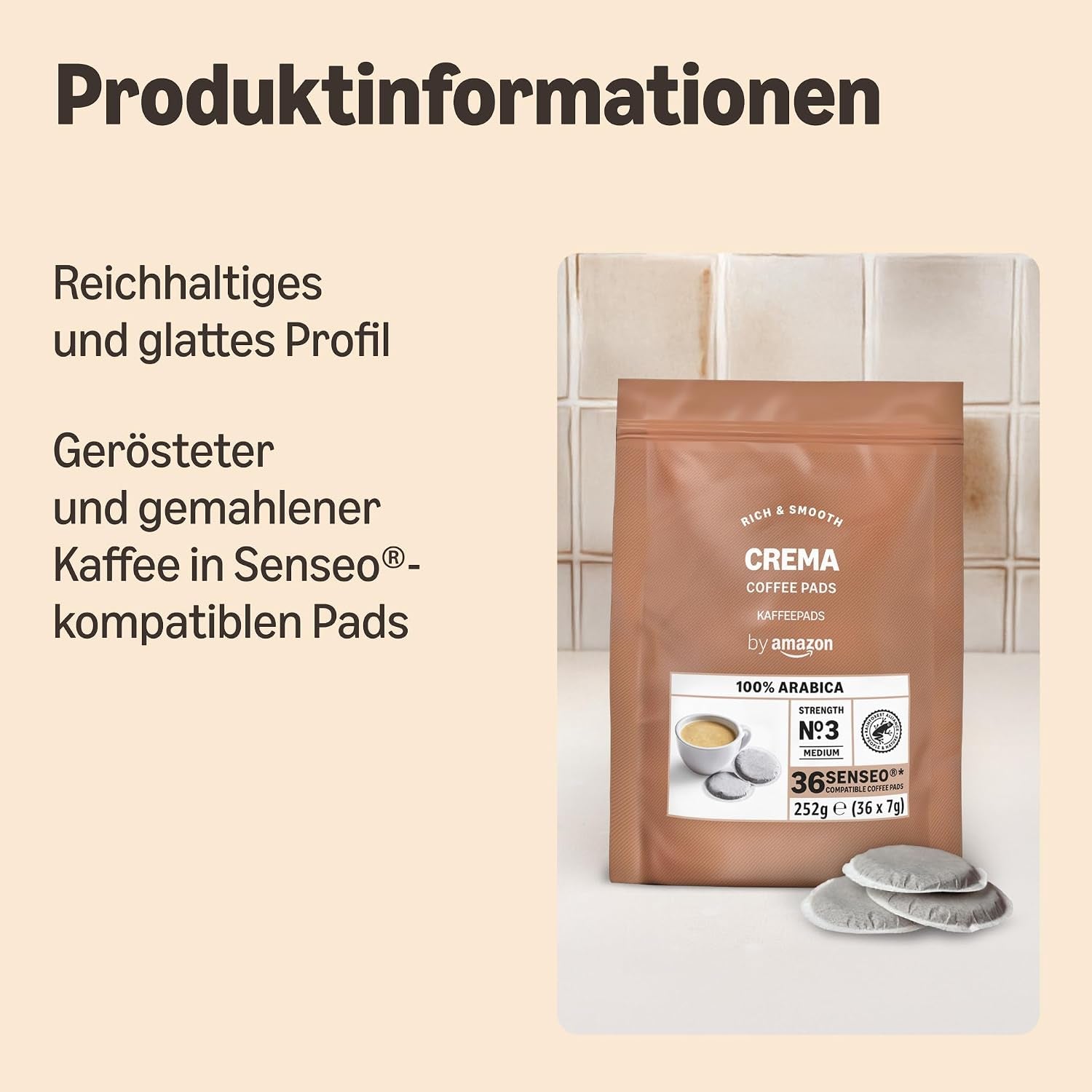 By Amazon Crema 100% Arabica-Kaffeepads, Geeignet Für Senseo-Maschinen, 36 Stück (1 Packung Mit 36 Stück) – Rainforest Alliance-Zertifiziert