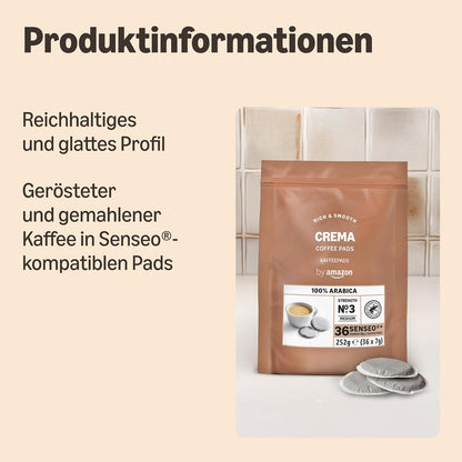By Amazon Crema 100% Arabica-Kaffeepads, Geeignet Für Senseo-Maschinen, 36 Stück (1 Packung Mit 36 Stück) – Rainforest Alliance-Zertifiziert