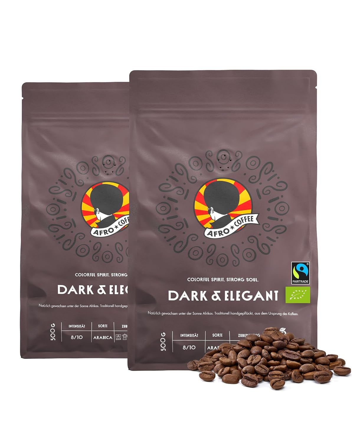 AFRO COFFEE Dark & Elegant 1Kg I 2X 500G Premium Bio Kaffeebohnen Fairtrade I 100% Arabica Bohnen I Bohnenkaffee Aus Äthiopien Mit Noten Von Bitterschokolade I Handgepflückt, Dunkel Geröstet, Säurearm