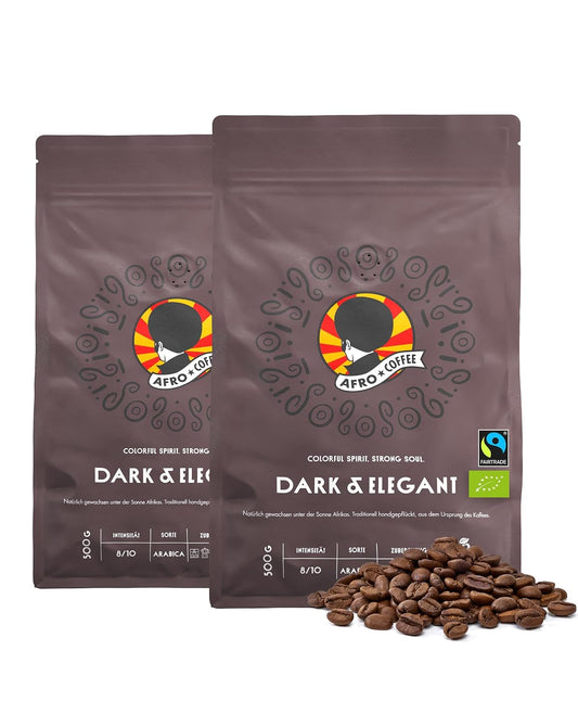AFRO COFFEE Dark & Elegant 1Kg I 2X 500G Premium Bio Kaffeebohnen Fairtrade I 100% Arabica Bohnen I Bohnenkaffee Aus Äthiopien Mit Noten Von Bitterschokolade I Handgepflückt, Dunkel Geröstet, Säurearm