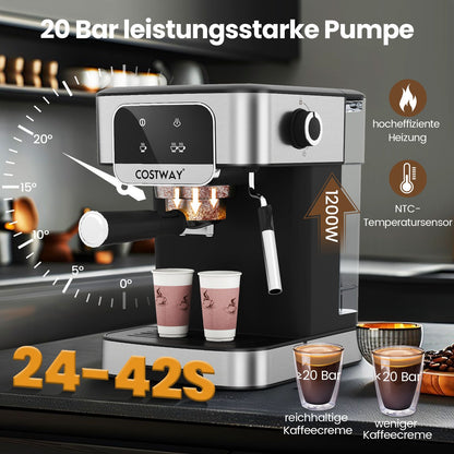 Espressomaschine 20 Bar 1200 W Espressokocher Mit Dampf-Milchaufschäumer 18 L Abnehmbarer Wassertank Schwarz