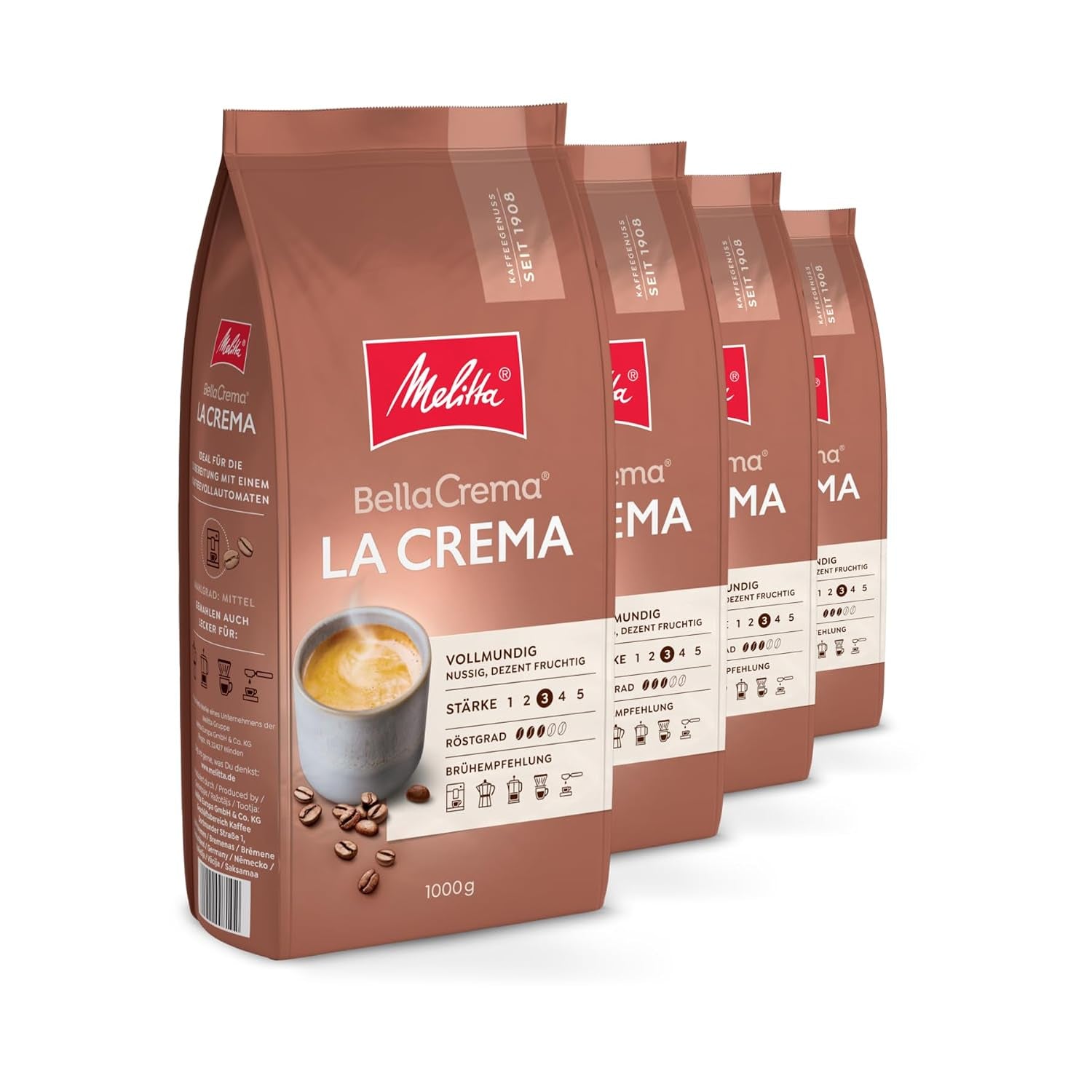 Melitta Bellacrema La Crema, Kaffeebohnen, Stärke 3/5, 4 X 1KG