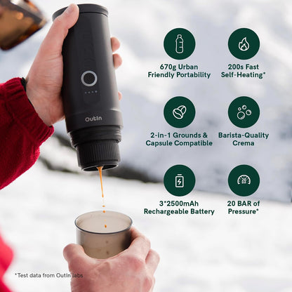 Outin Nano Tragbare Elektrische Espressomaschine Mit USB-C, Space Grey | Usb-C-Selbsterhitzung, Für Kaffeepulver Und Ns-Kapseln, Kompakt Für Reise, Camping Und Büro