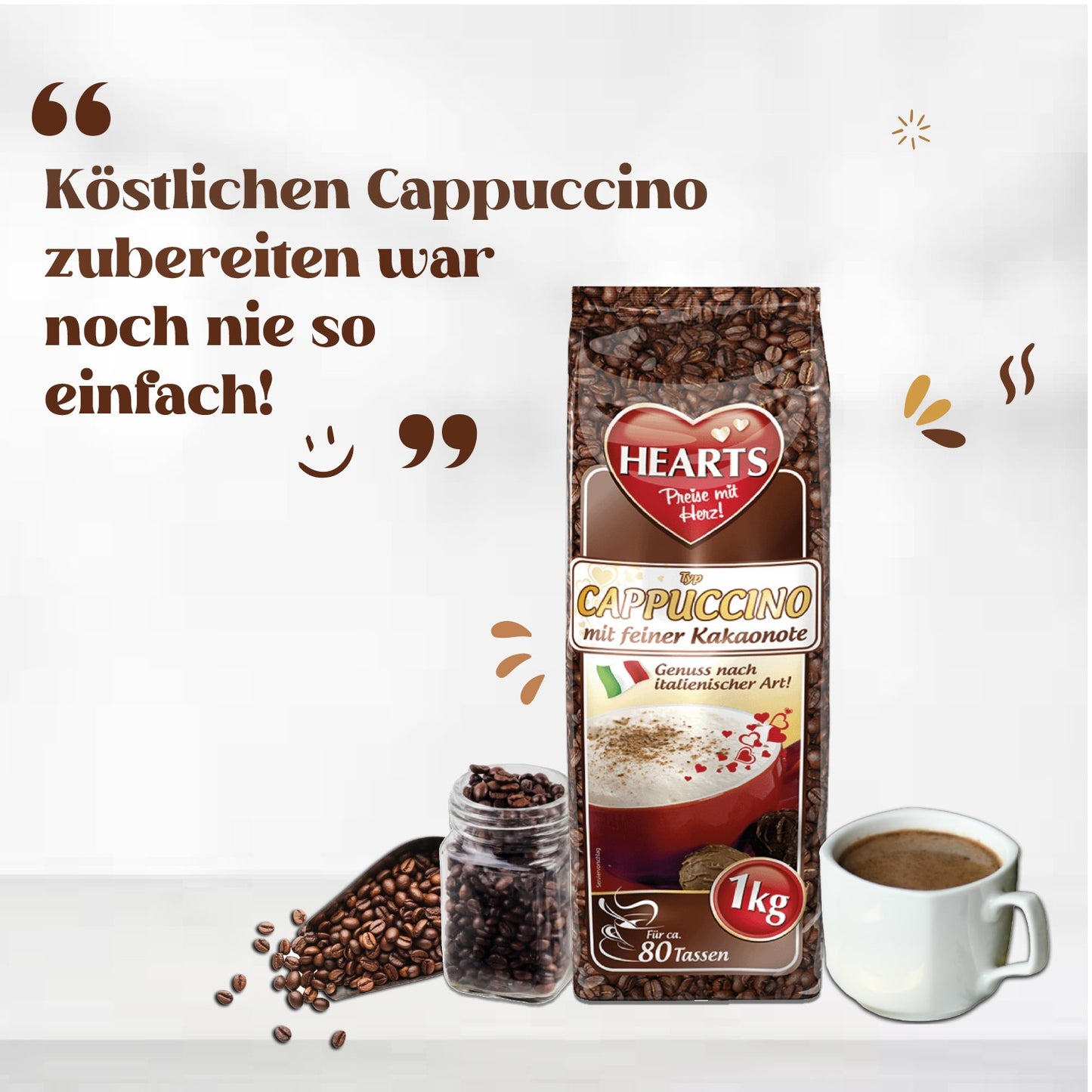 HEARTS Cappuccino Mit Feiner Kakaonote 10 X 1Kg Instant Kaffee Pulver Mit Schoko