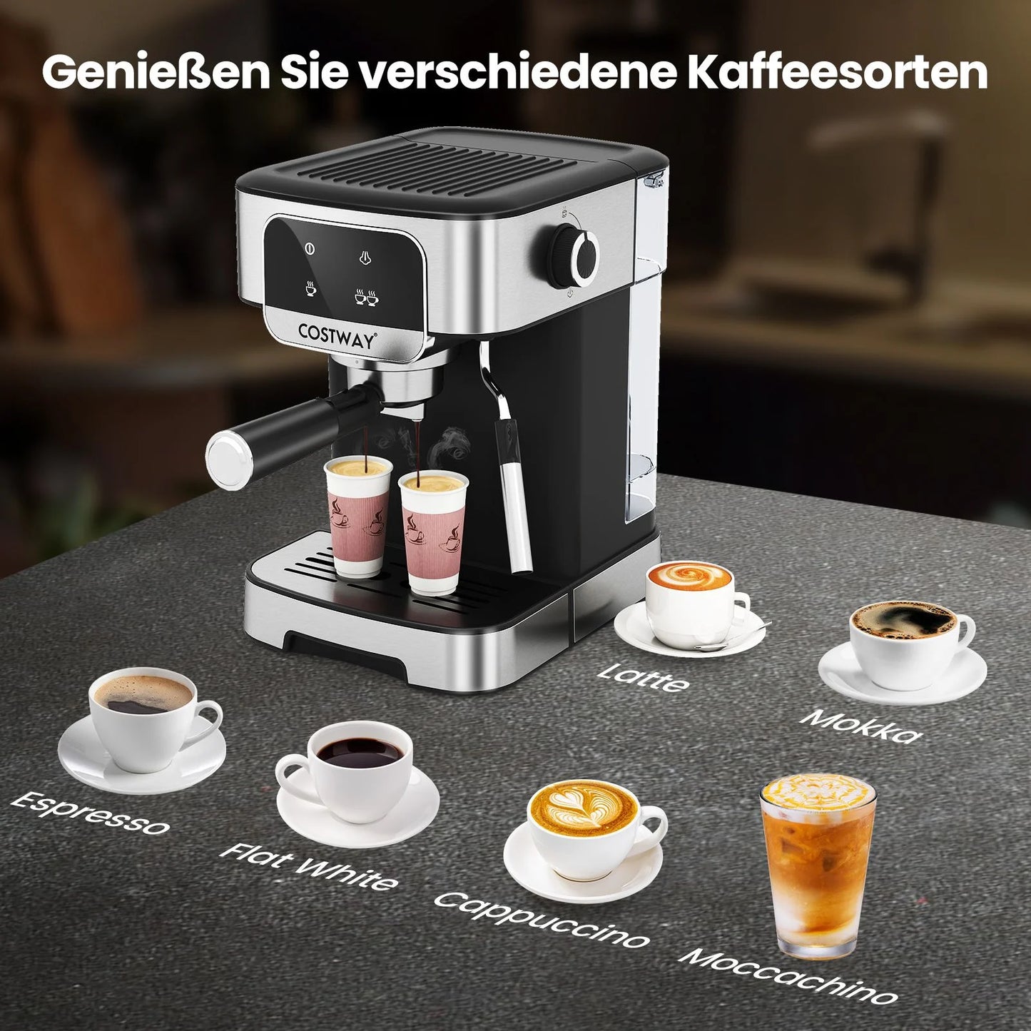 Espressomaschine 20 Bar 1200 W Espressokocher Mit Dampf-Milchaufschäumer 18 L Abnehmbarer Wassertank Schwarz