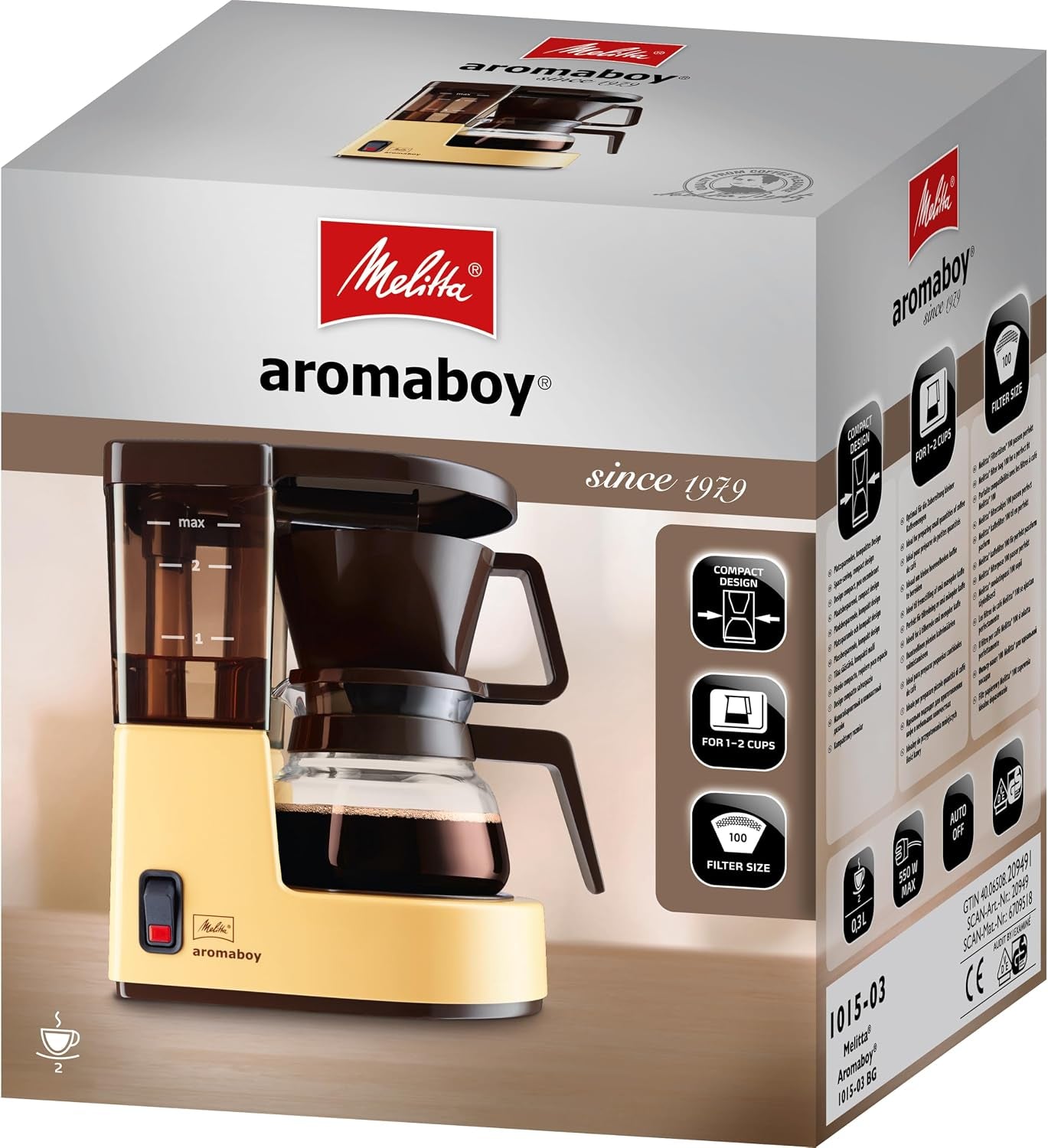 Melitta Aromaboy – Kleine Filterkaffeemaschine Mit Glaskanne, Für Bis Zu 2 Tassen Kaffee, in Beige/Braun
