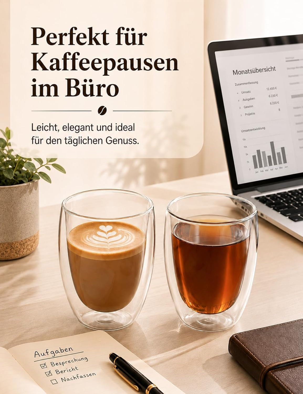 2Er Set 350 Ml Latte Macchiato Gläser Doppelwandig, Borosilikatglas | Doppelwandige Thermogläser & Kaffeegläser Für Espresso, Cappuccino, Tee, Milch, Bier, Saft, Heiße & Kalte Getränke
