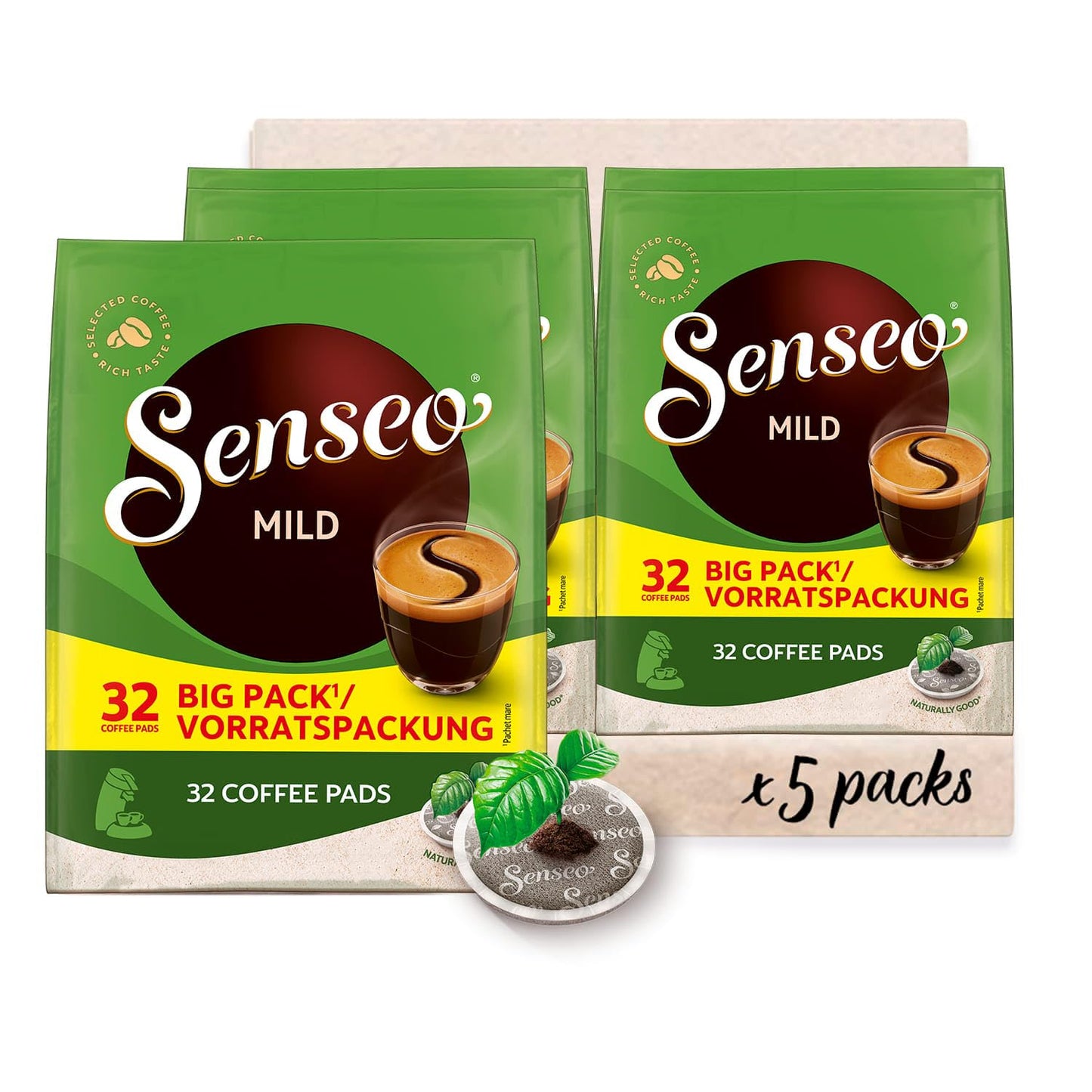 Senseo Pads Mild, Vorratspackung, 5 X 32 Getränke, 160 Kaffeepads, Leichte Röstung