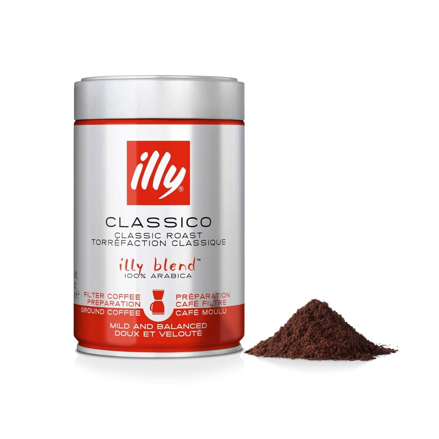 Illy, Gemahlener Filterkaffee CLASSICO, 100% Arabica Mit Noten Von Orangenblüten Und Jasmin, Sanfter Geschmack Und Süßer Nachgeschmack, 1 Dose Mit 250G