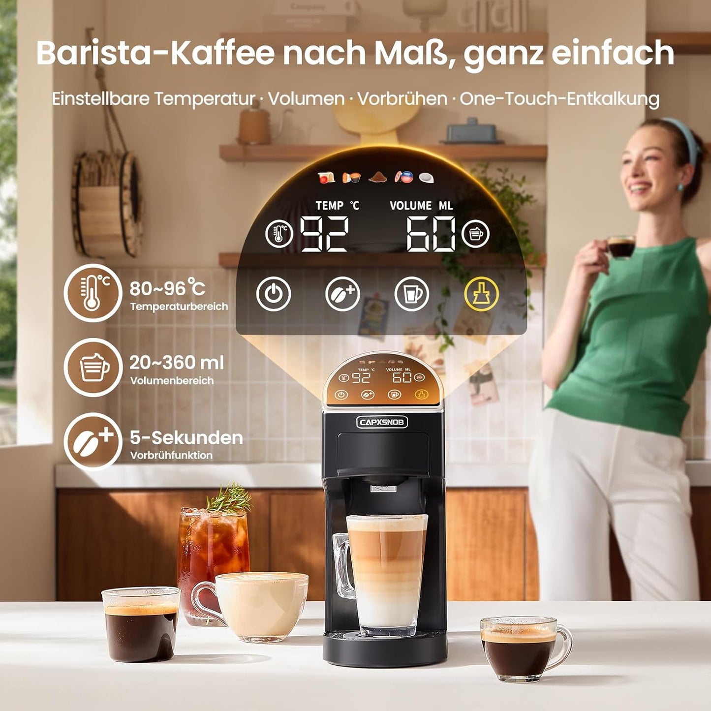 Magician2 5 in 1 Kapselmaschine Für Nespresso, Dolce Gusto, Lavazza a Modo Mio, ESE 44 Pads Und Kaffeepulver, 20 Bars, 1400W, 1,2 L, Led-Display, Espressomaschine | Kaffeemaschine Für Zuhause Und Büro