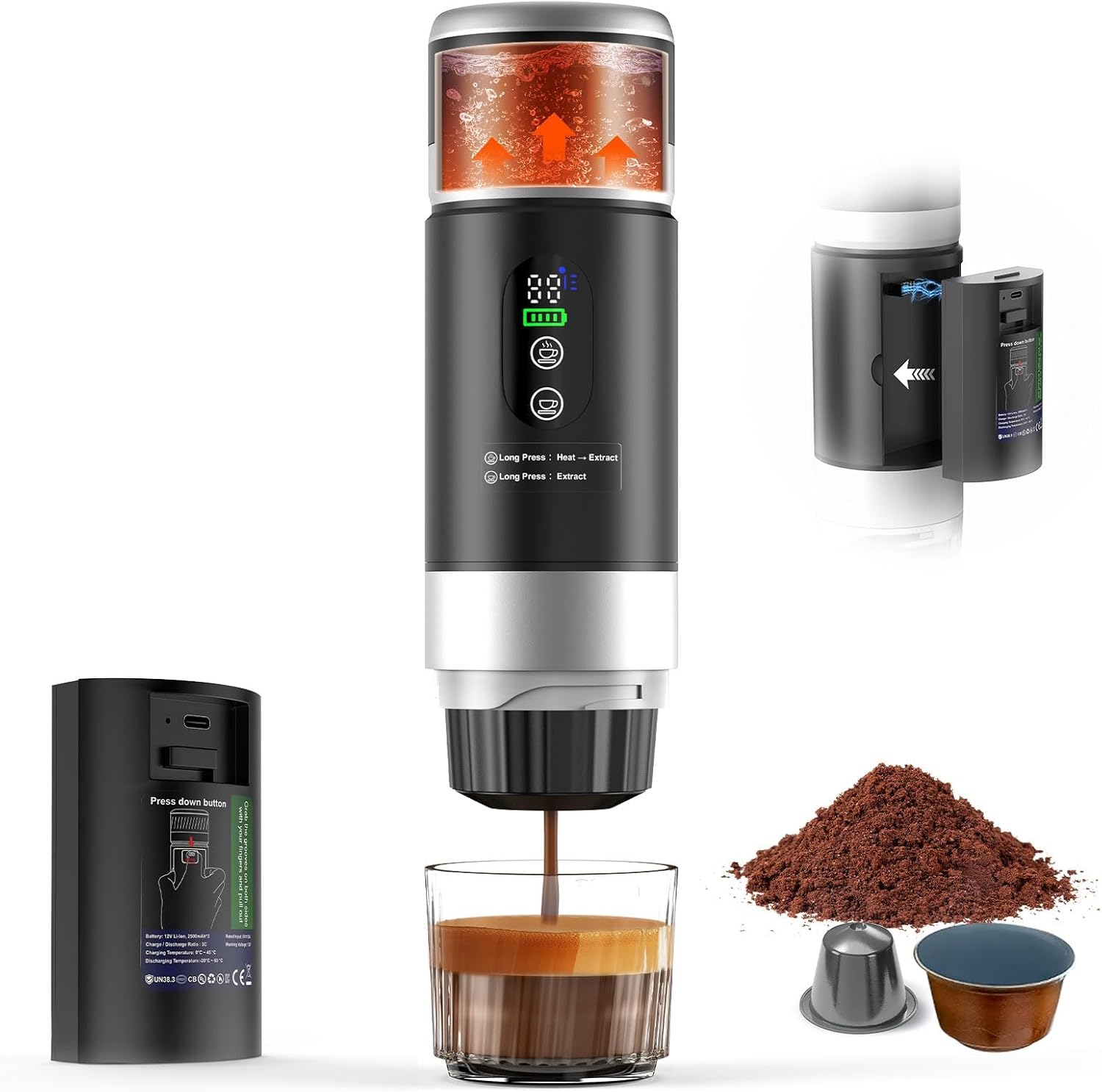 3 in 1 Akku Kaffeemaschine, Tragbare Kaffeemaschine Mit Herausnehmbarem Akku, Auto Kaffeemaschine Mit USB - C, Kompatibel Mit Kapsel Und Gemahlener Kaffee, Für Camping Und Wohnmobil Gadgets