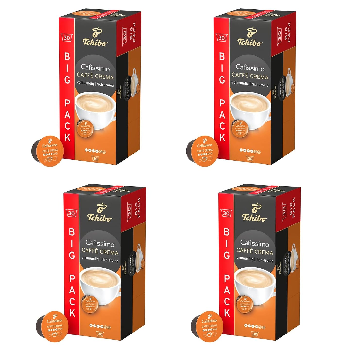 Tchibo Cafissimo Vorratsbox Caffè Crema Vollmundig Kaffeekapseln, 120 Stück – 4X 30 Kapseln (Kaffee, Ausgewogen Und Vollmundig), Nachhaltig & Fair Gehandelt