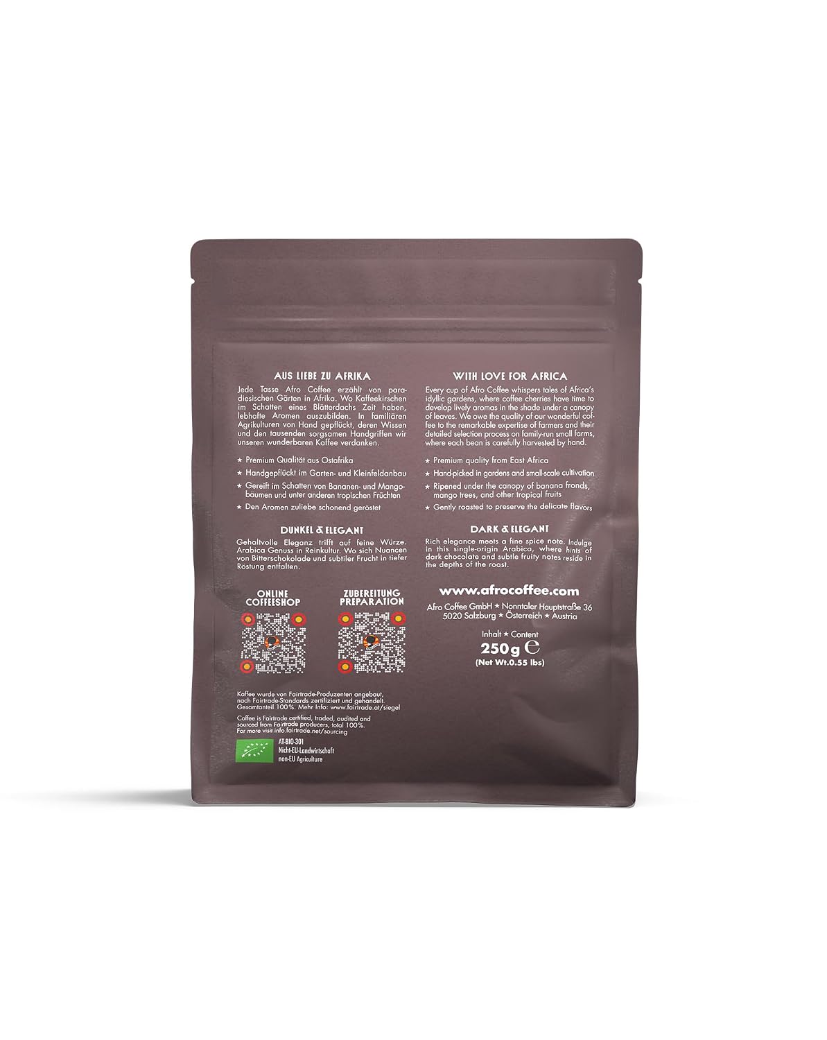 AFRO COFFEE Dark & Elegant I 250G Premium Bio Kaffeebohnen Fairtrade I 100% Arabica Kaffee Bohnen I Bohnenkaffee Aus Äthiopien Mit Noten Von Bitterschokolade I Handgepflückt, Dunkel Geröstet, Säurearm
