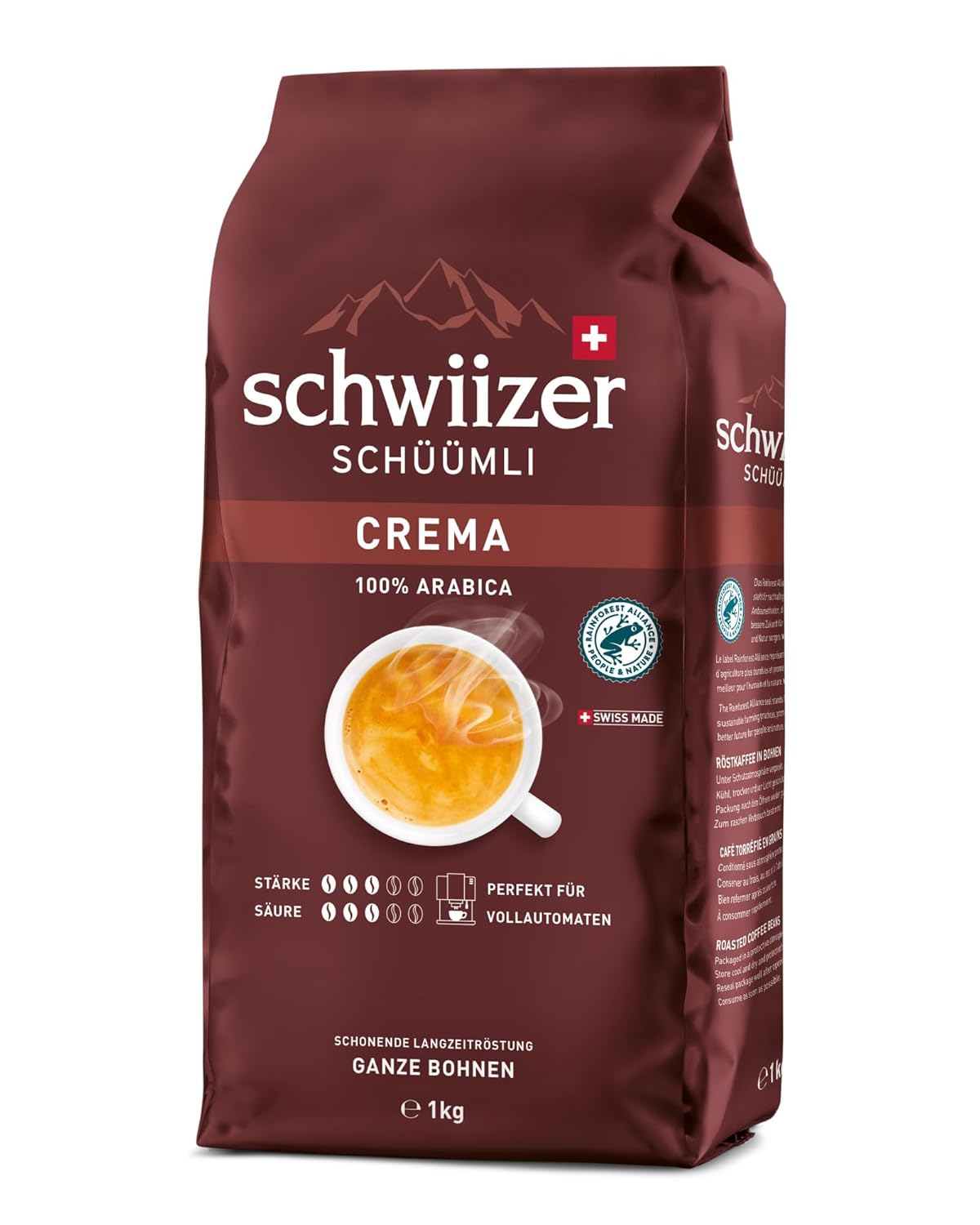 Schwiizer Schüümli Crema, 100% Arabica Kaffeebohnen, Aromatisch-Vollmundig, Ideal Für Vollautomaten, Stärke 3/5, Mittlere Röstung, Rainforest Alliance, 1Kg
