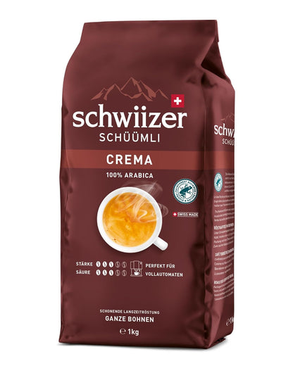 Schwiizer Schüümli Crema, 100% Arabica Kaffeebohnen, Aromatisch-Vollmundig, Ideal Für Vollautomaten, Stärke 3/5, Mittlere Röstung, Rainforest Alliance, 1Kg