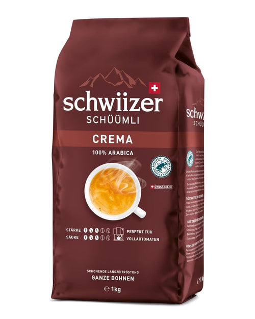 Schwiizer Schüümli Crema, 100% Arabica Kaffeebohnen, Aromatisch-Vollmundig, Ideal Für Vollautomaten, Stärke 3/5, Mittlere Röstung, Rainforest Alliance, 1Kg