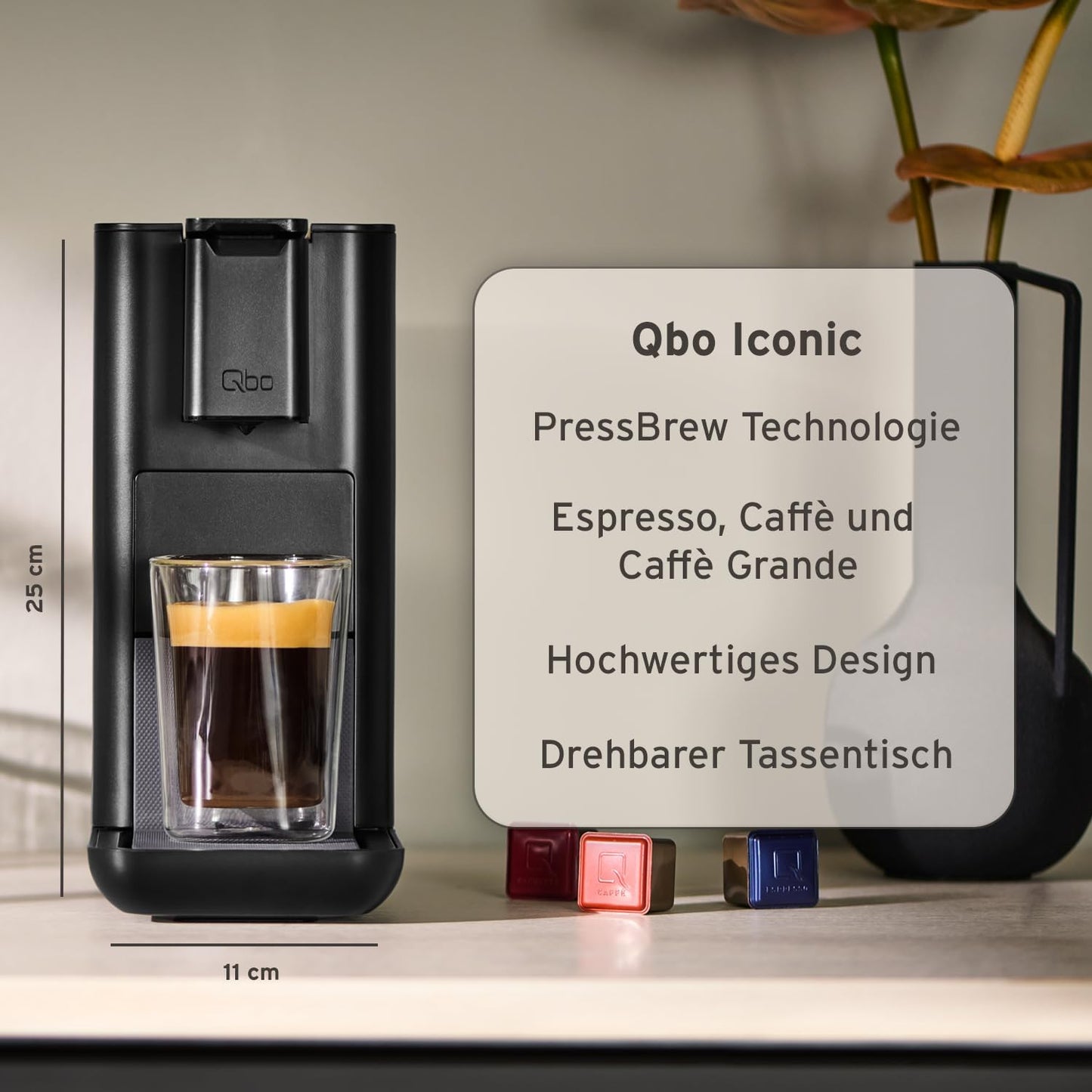 Tchibo Qbo ICONIC Premium Kapselmaschine Inkl. 16 Recyclebare Qbo Kapseln Für Espresso, Caffè Und Caffè Grande, Kompaktes, Innovatives Design, Dark Chrome