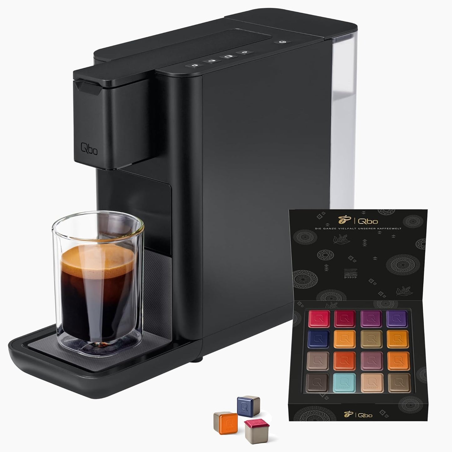 Tchibo Qbo ICONIC Premium Kapselmaschine Inkl. 16 Recyclebare Qbo Kapseln Für Espresso, Caffè Und Caffè Grande, Kompaktes, Innovatives Design, Dark Chrome