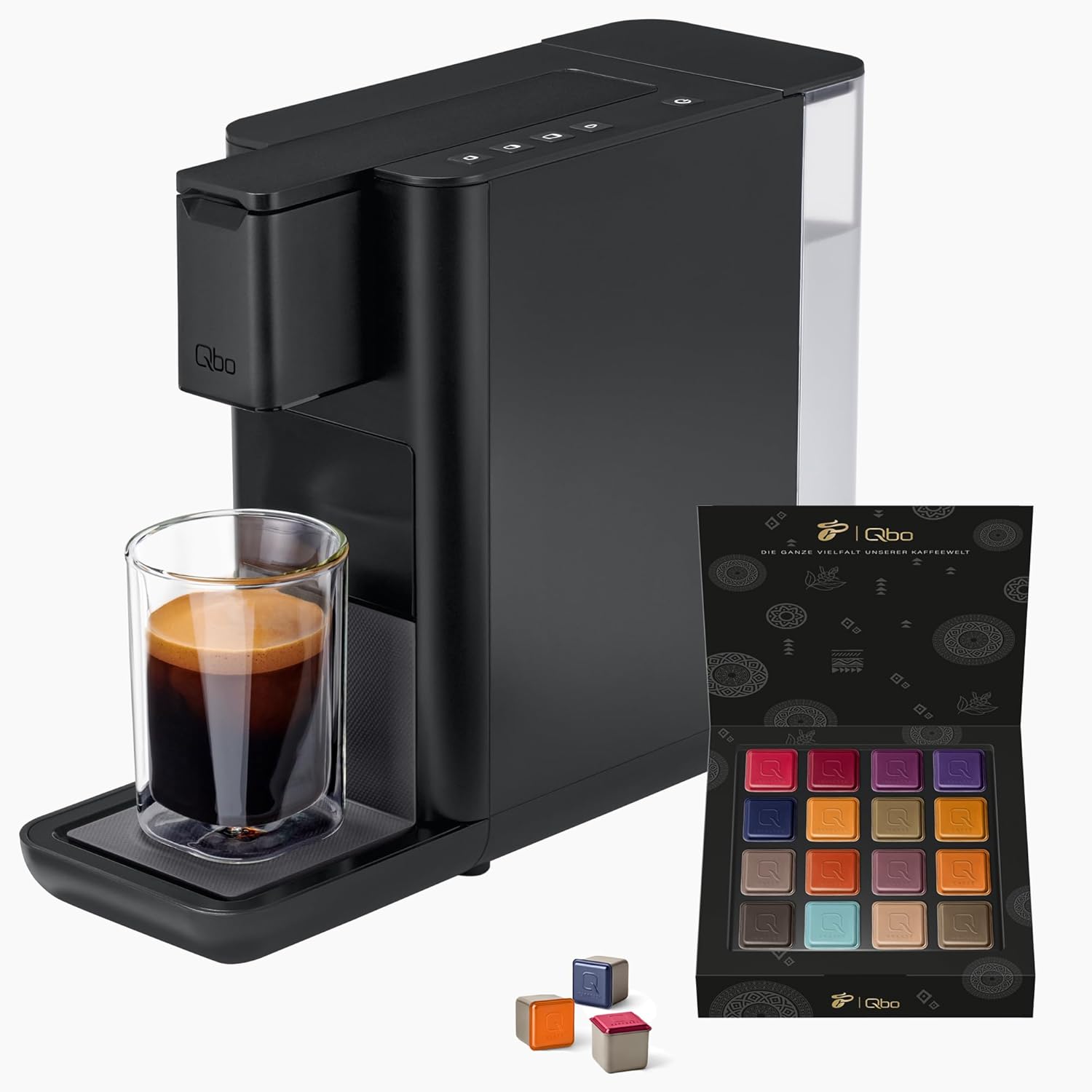 Tchibo Qbo ICONIC Premium Kapselmaschine Inkl. 16 Recyclebare Qbo Kapseln Für Espresso, Caffè Und Caffè Grande, Kompaktes, Innovatives Design, Dark Chrome