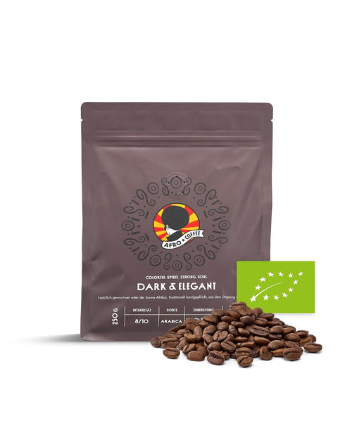 AFRO COFFEE Dark & Elegant I 250G Premium Bio Kaffeebohnen Fairtrade I 100% Arabica Kaffee Bohnen I Bohnenkaffee Aus Äthiopien Mit Noten Von Bitterschokolade I Handgepflückt, Dunkel Geröstet, Säurearm