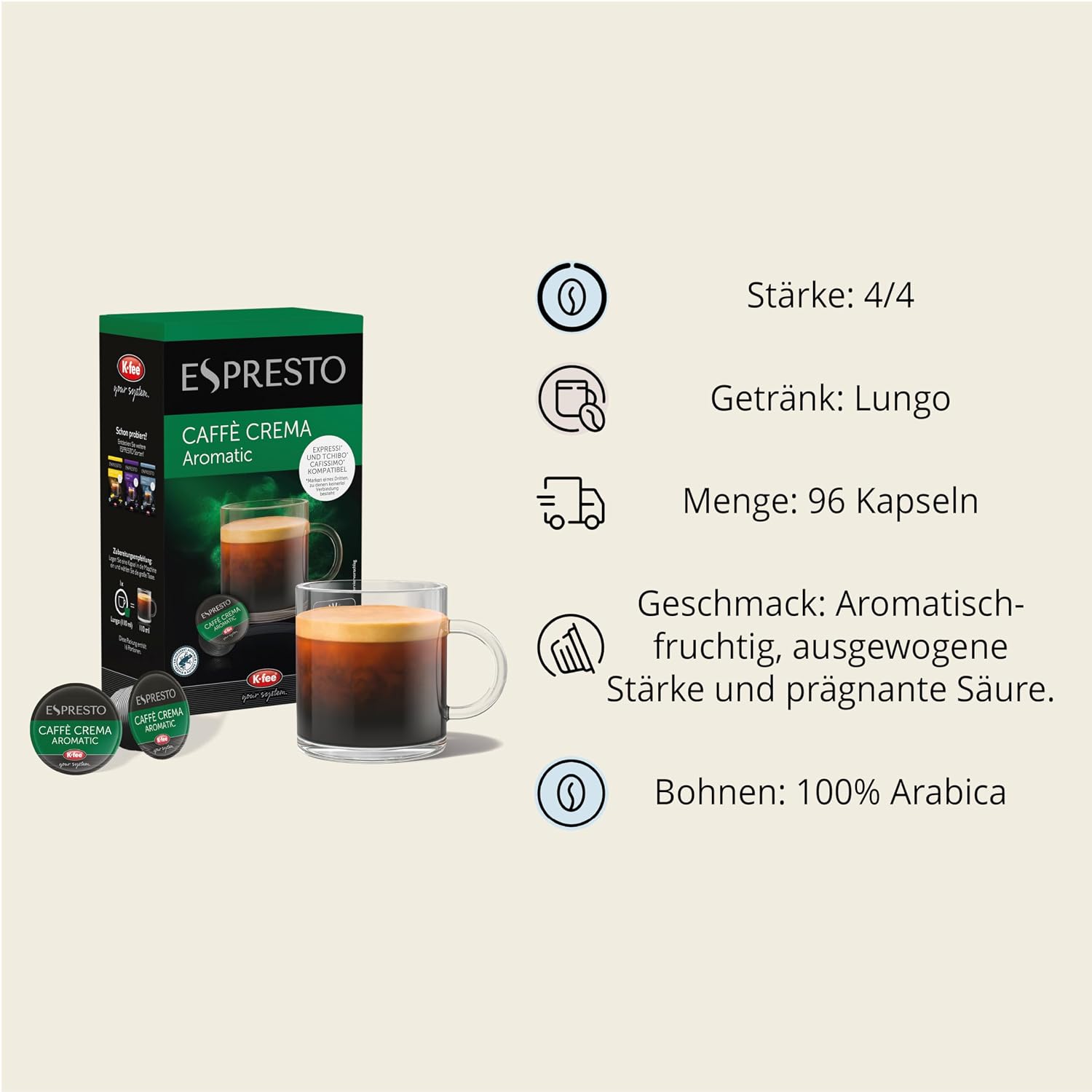 ESPRESTO Caffè Crema Aromatic, Kompatibel Mit K-Fee & Aldi EXPRESSI*, RFA Zertifiziert, 96 Kaffeekapseln