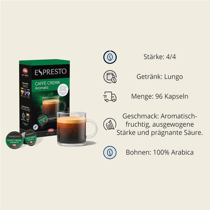 ESPRESTO Caffè Crema Aromatic, Kompatibel Mit K-Fee & Aldi EXPRESSI*, RFA Zertifiziert, 96 Kaffeekapseln