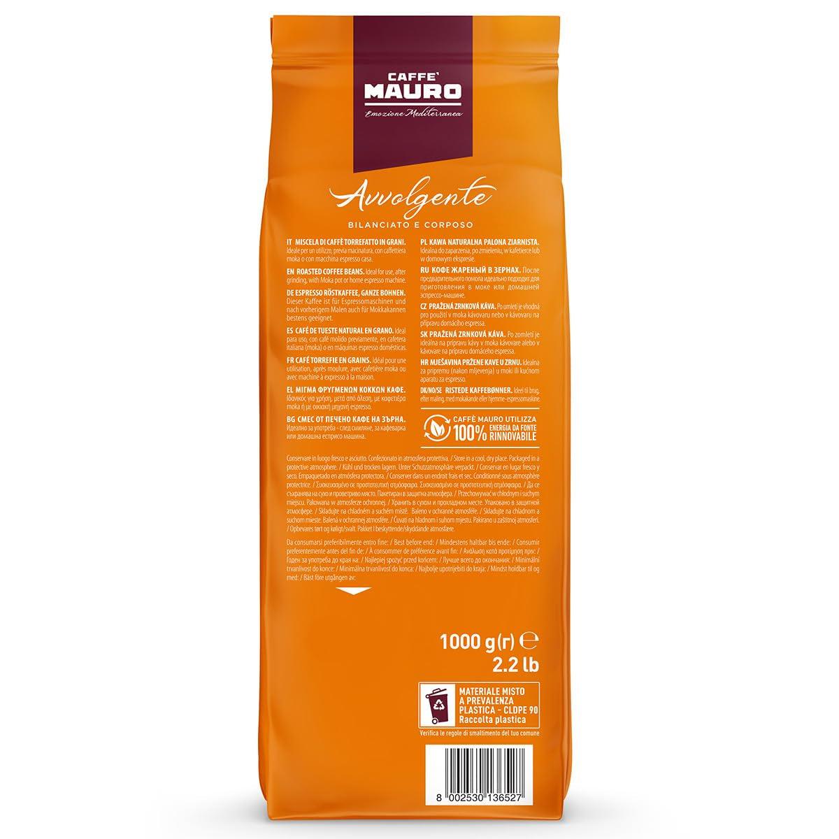 Caffè Mauro Torrefazione – Kaffeebohnen – 1 Kg – Avvolgente Mischung – Mittlere Röstung – Intensität 8/10 – Hergestellt in Italien – 1Kg Packung (Packung Mit 4)